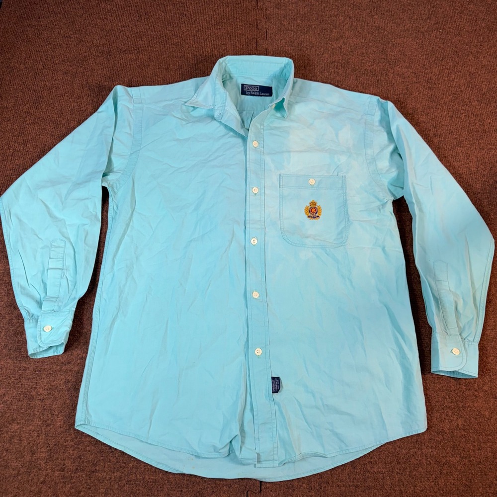 Polo Ralph Lauren Crest Logo Button Down Shirt Mens Blue Long Sleeve Crest 3164